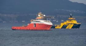 Rig move of Equinor oil platform Njord Alpha with AHTS vessels Magne Viking and Normand Prosper towing the platform.