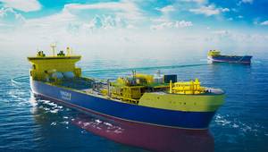 An illustration of an FSIU vessel in the foreground, taking cargo from an LCO2 carrier in the background (Credit: Yinson Production)