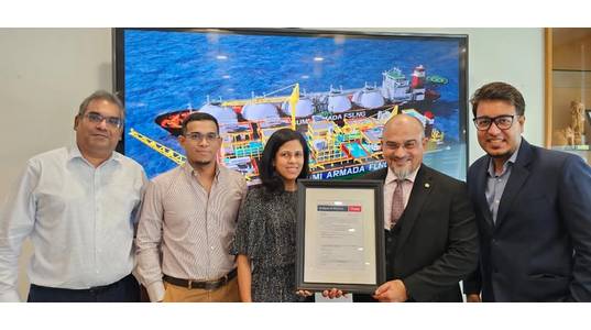 (Left to Right): Kevin John Pereira, Bumi Armada, Vice President Engineering; Muhammad Aziz Alkatiri, Bumi Armada, General Manager Projects; Christina Sevajee, Bumi Armada, Vice President, Technology; Rostom Merzouki, ABS Director, Global Gas Solutions; Avik Roy, ABS Manager, Business Development - Credit: ABS