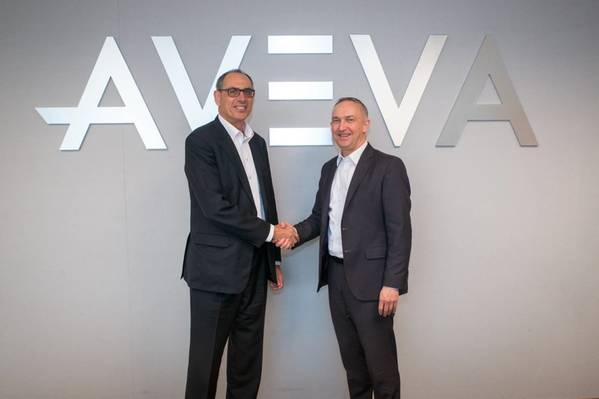 Worley CEO, Andrew Wood (left), and AVEVA CEO, Craig Hayman (right) announce partnership to build upon AVEVA Enterprise Resource Management software and deliver the first cloud-based solution optimized for the EPC market. (Photo: AVEVA)