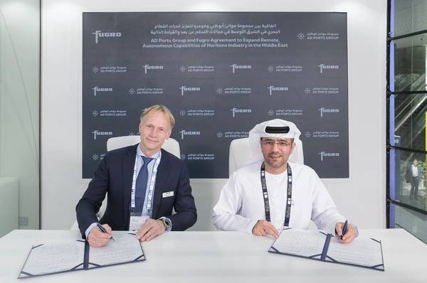 The agreement was signed at the ADIPEC 2022 Exhibition in Abu Dhabi by Captain Mohamed Juma Al Shamisi, Managing Director and Group CEO, AD Ports Group and Mark Heine, Fugro CEO. - Credit: AD Ports