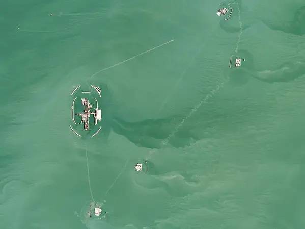 Aerial view of the Kashagan oil field facilities - Credit:Planet Labs/Wikimedia Commons (CC BY-SA 4.0)
