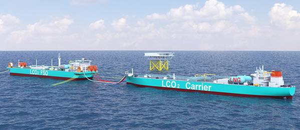 CG rendering shows offloading CO2 from LCO2 carrier to LCO2 FSO and injection unit. - ©Mitsui OSK