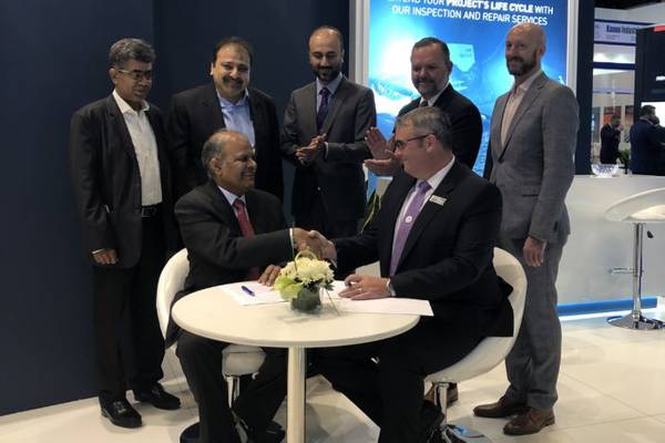 At the signing ceremony in Abu Dhabi, left to right: Sadiq Mansuri, F&M; Javed Khamisani, F&M; Syed Farukh Mazhar, MD F&M; Gregory Boyle, Regional Director Oceaneering; Mark Russell, commercial counselor, Consulate General of the United States; Kashif Salim, Oceaneering; and Michael Sullivan, Economic Counselor (Photo: Oceaneering)