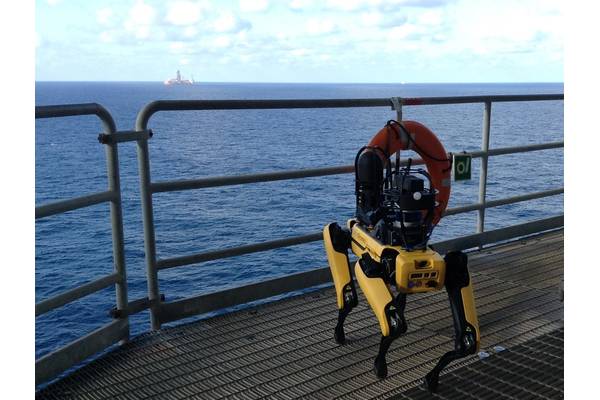 Boston Dynamic’s Spot quadruped robot posing during its trials on bp’s Mad Dog facility in the US Gulf of Mexico. Photos from BP.