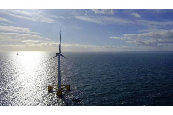 The (current) world’s largest floating offshore wind farm; Kincardine. Sitting off north east Scotland, it has 9.5MW turbines on semisubmersible type foundations moored to the seabed. Photo from Cobra Group.