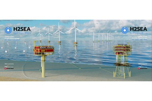 Dutch partnership H2Sea has a number of concepts, from a 15MW turbine hosted system to 400MW standalone platforms. Images from H2Sea.