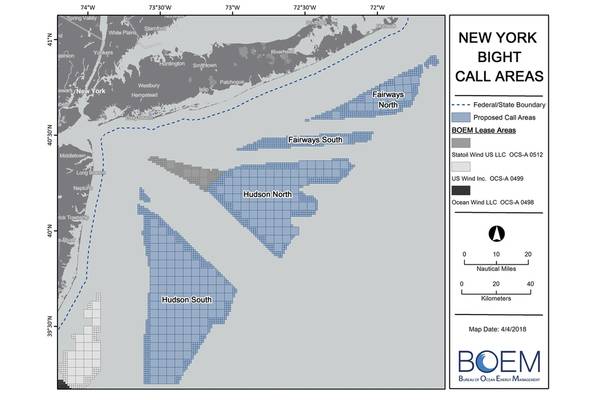 New York Bight call areas.  "Call" is a short-hand term referring to calls for proposals or calls for interest in an area. (Image: BOEM)